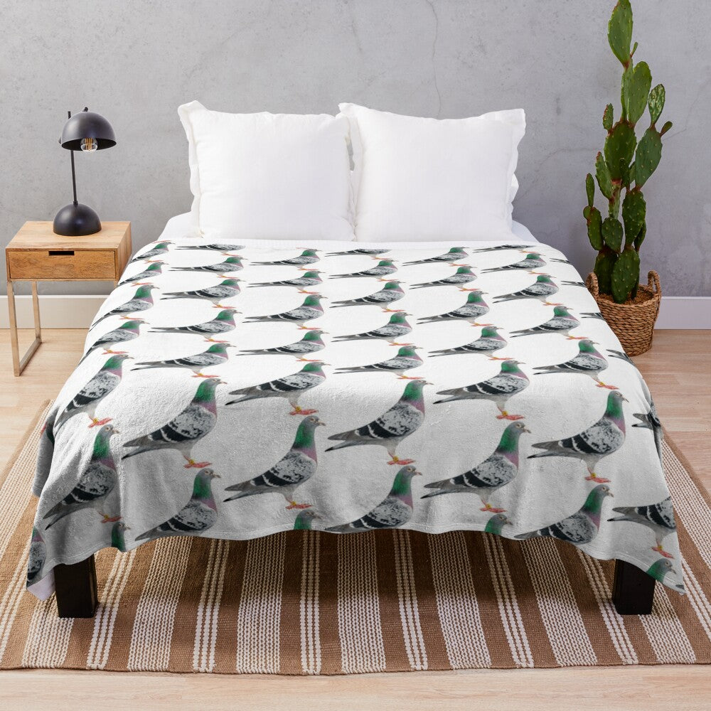 Soft, plush blanket featuring a racing pigeon design for bird and sports enthusiasts