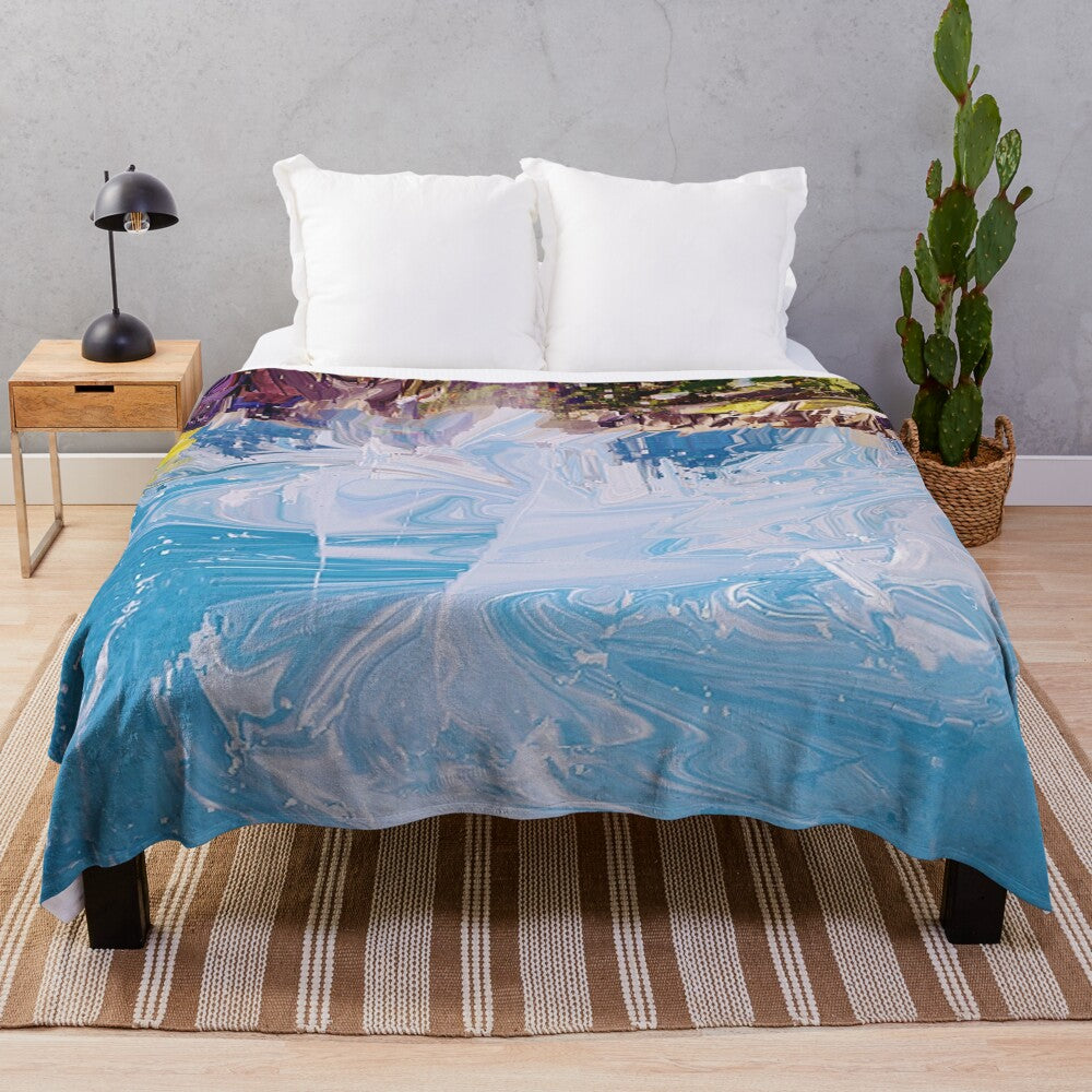 Colorful abstract splash pattern on a soft, modern plush blanket