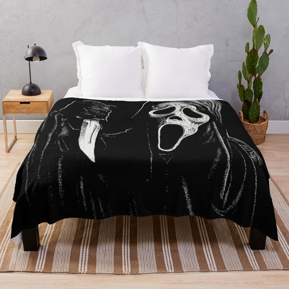 Ghostface inspired plush blanket featuring the iconic horror villain