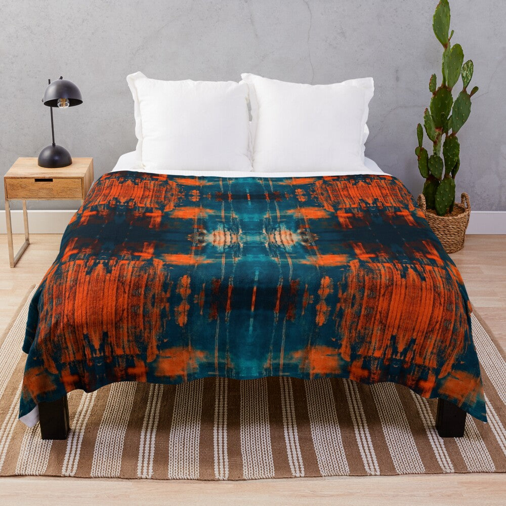 Grunge abstract art print plush blanket in burnt orange, teal, and blue colors