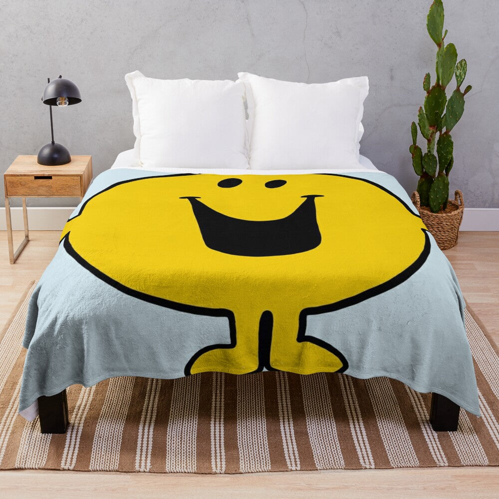 Soft and plush Mr. Happy-themed blanket for cozy comfort