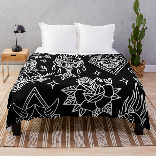 Black and white plush blanket with traditional tattoo pattern design