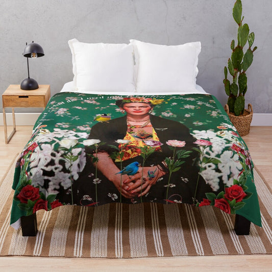 Floral plush blanket featuring Frida Kahlo's artwork and inspirational imagery