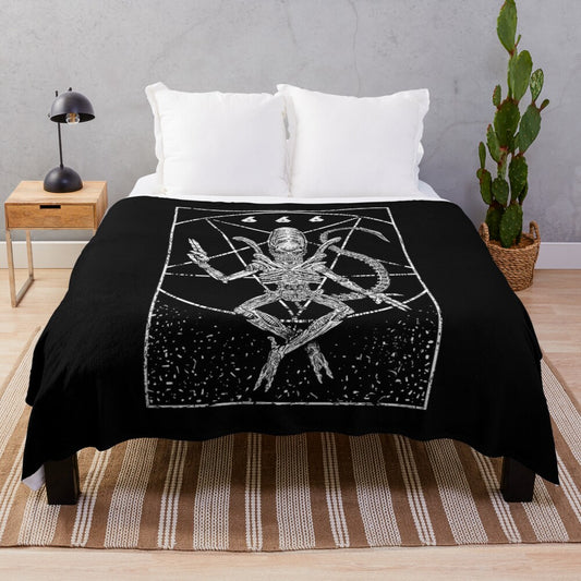 Xenomorph-inspired black and white plush blanket with occult and dark art design