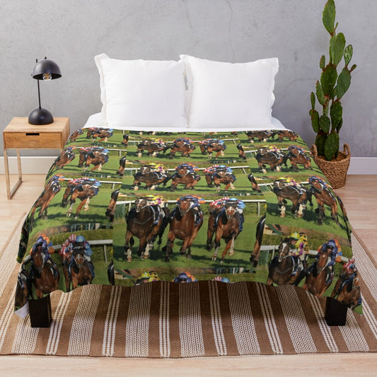 Horse racing action on a plush blanket for sports enthusiasts