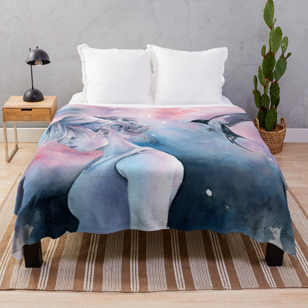 Plush blanket with watercolor design featuring a wilderness woman