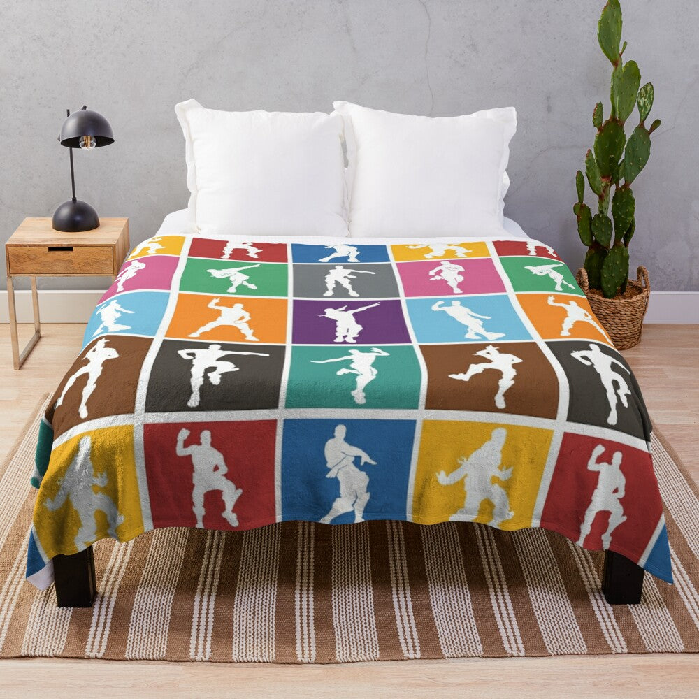 Vibrant rainbow patterned plush blanket featuring a Fortnite-inspired victory dance design