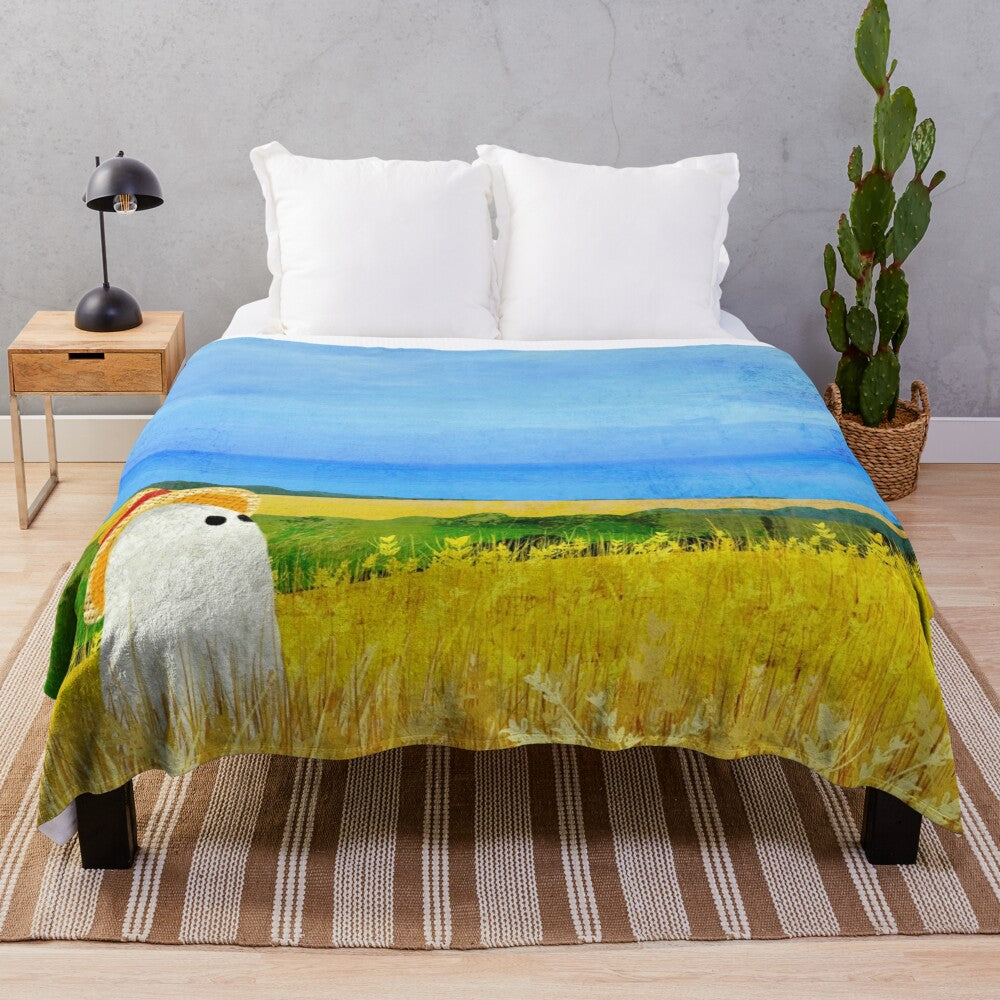 Plush blanket with a ghostly design of a haunted wheat field landscape