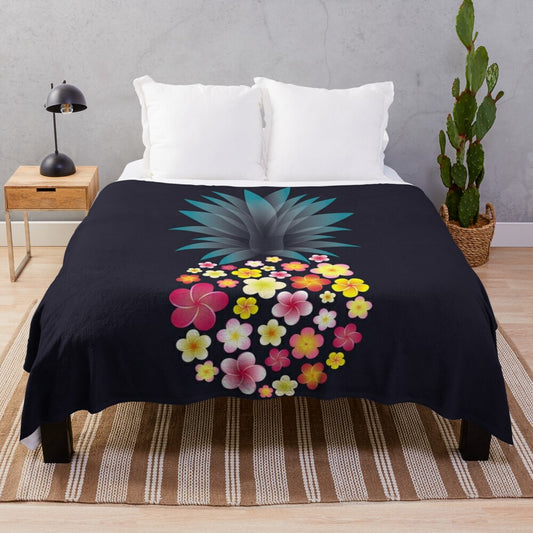 Colorful plumeria and pineapple graphic design plush blanket