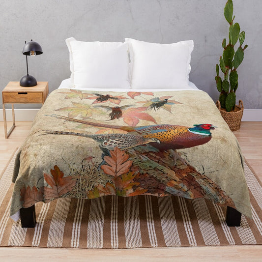 Common pheasant plush blanket with vibrant feathers and natural grass