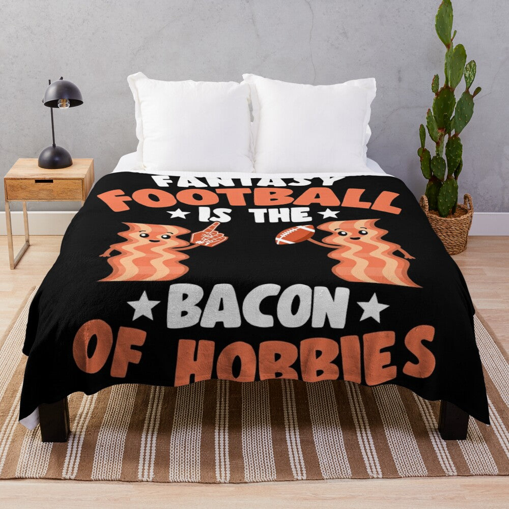 Plush blanket with a fantasy football and bacon themed design