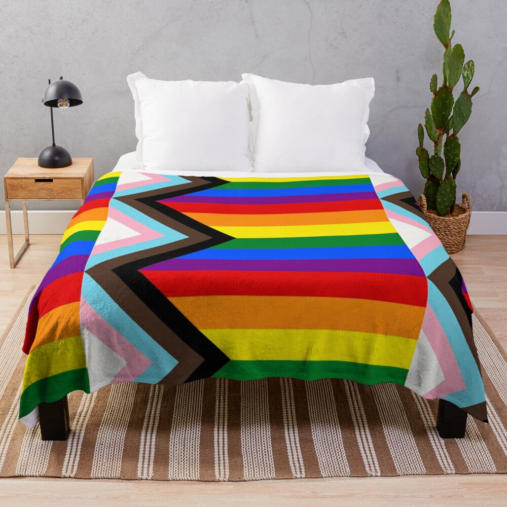 Colorful progress pride flag plush blanket with stripes of the LGBTQ+ pride flag