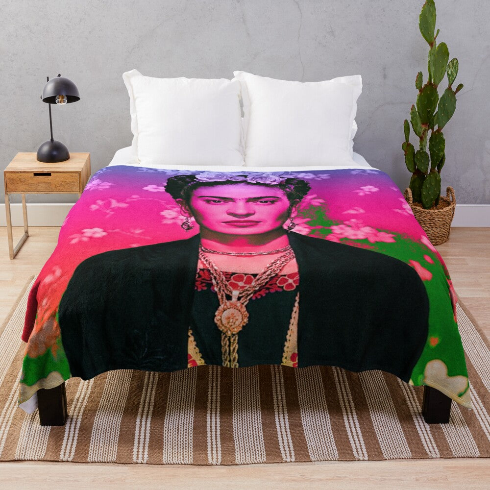 Colorful floral Frida Kahlo digital art design on a plush blanket