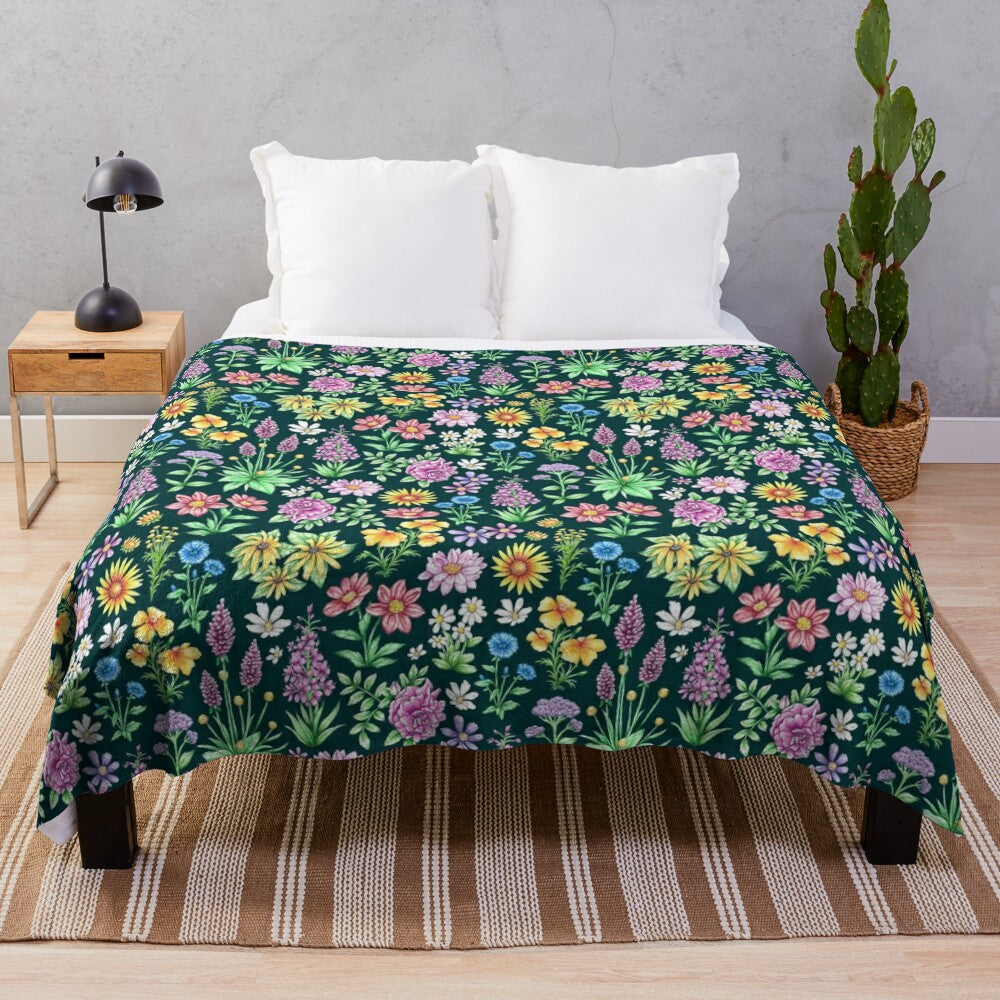 Turquoise floral plush blanket with vibrant botanical patterns