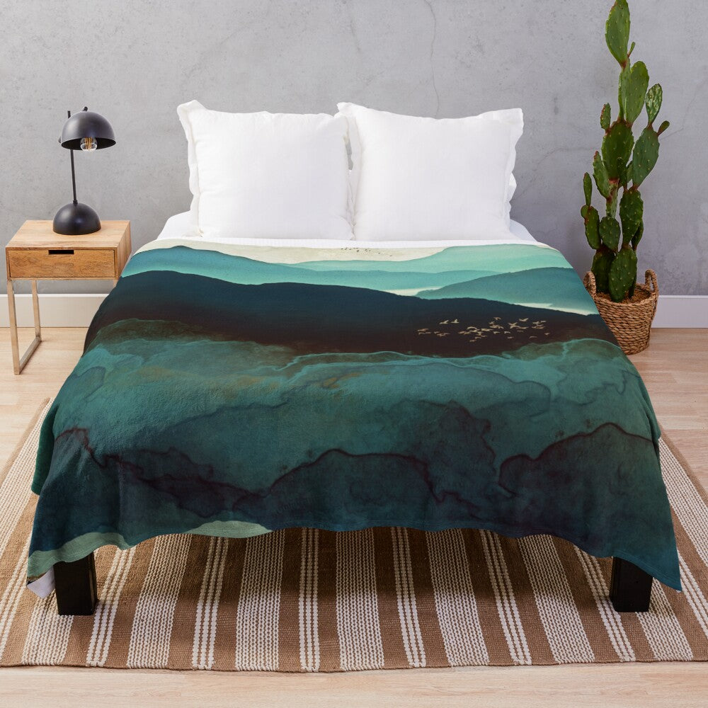 Indigo Mountains Plush Blanket featuring a nature-inspired abstract landscape design