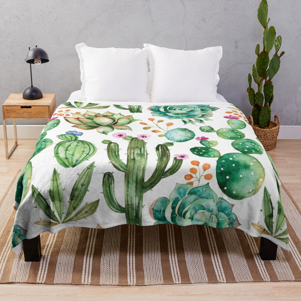 Soft, plush watercolor cactus pattern blanket