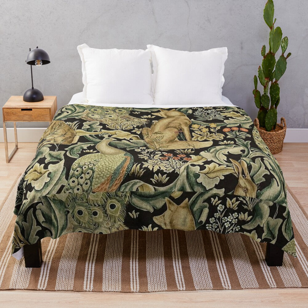 Plush blanket featuring a William Morris inspired forest and floral pattern