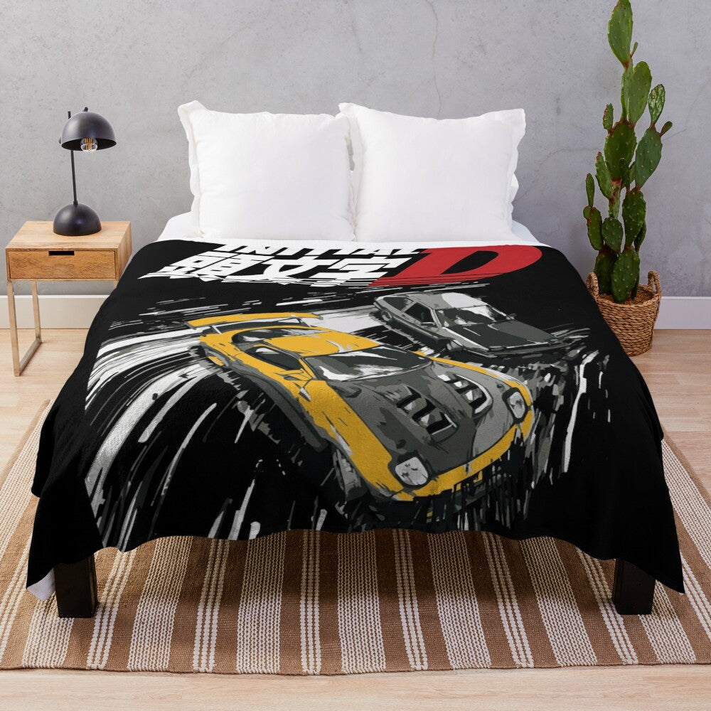 Initial D AE86 and FD RX-7 plush blanket featuring iconic Japanese drift cars