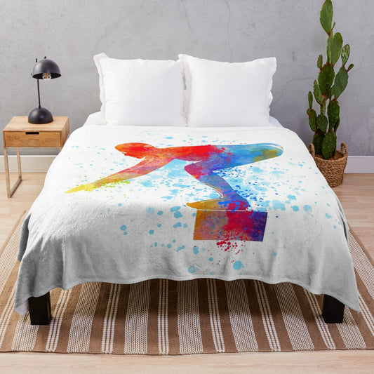 Watercolor swim art design plush blanket with swimmer silhouette