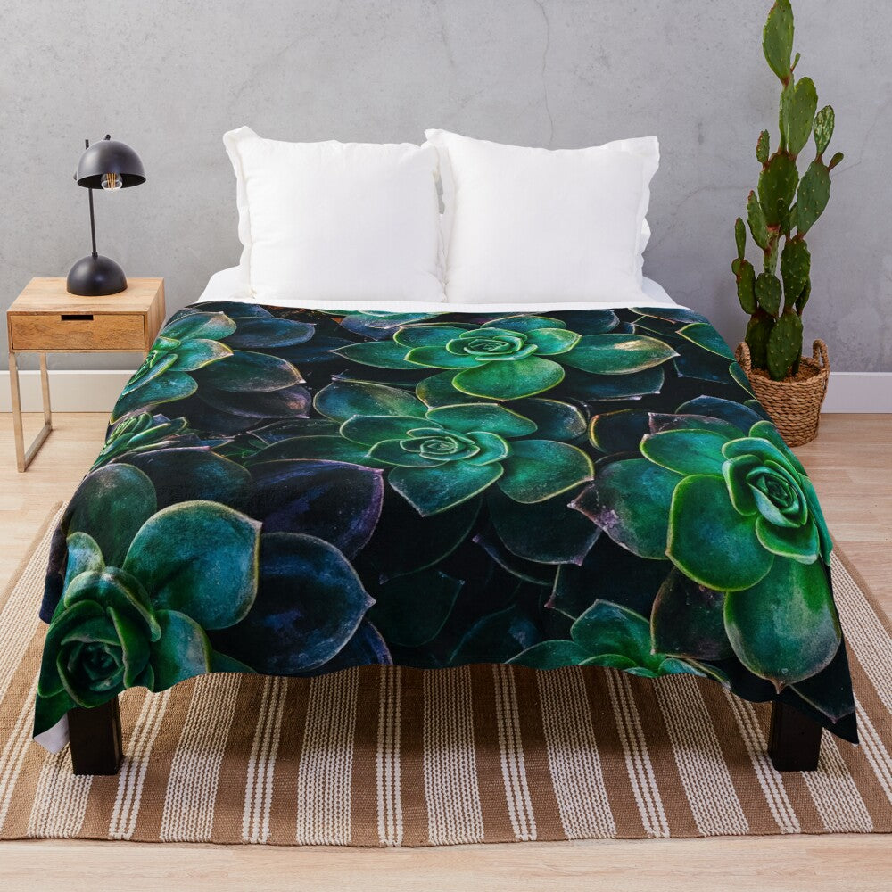 Watercolor succulent and tropical floral pattern plush blanket