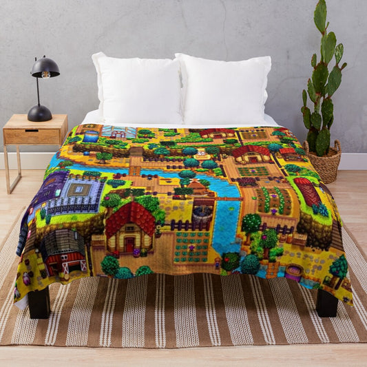 Stardew Valley map plush blanket featuring retro pixel art design