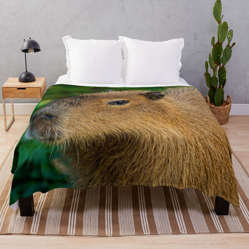 Cozy plush blanket featuring a capybara design, a semi-aquatic herbivore from South America