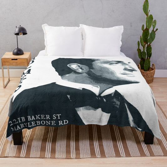 Vintage-inspired Sherlock Holmes Basil Rathbone plush blanket with engraved portrait