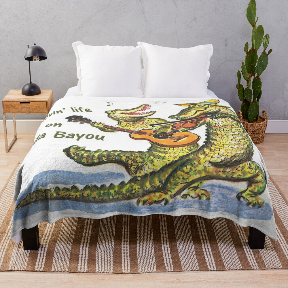 Cartoon alligator playing guitar and fiddle on a plush blanket