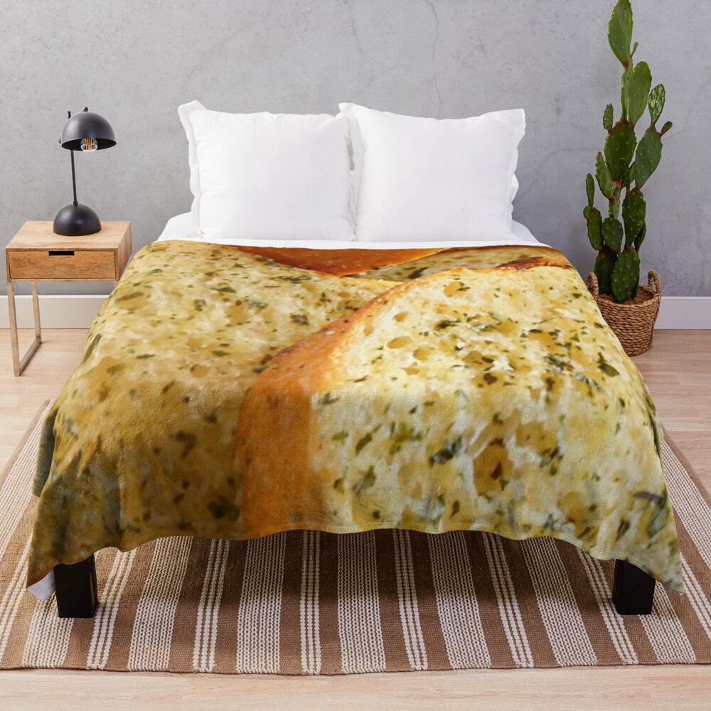 Soft, plush blanket featuring a whimsical garlic bread design