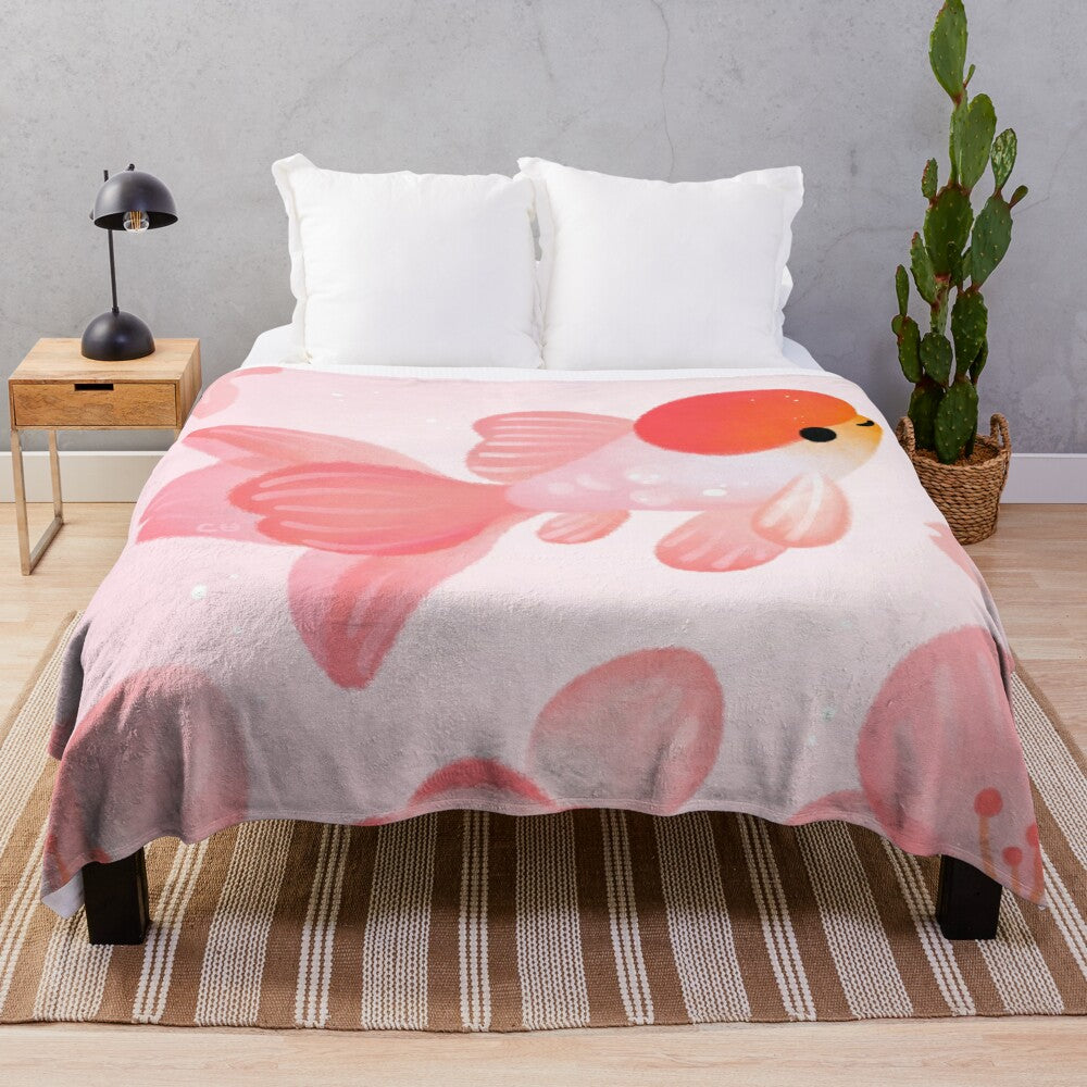 Plush blanket with cherry blossom and goldfish design