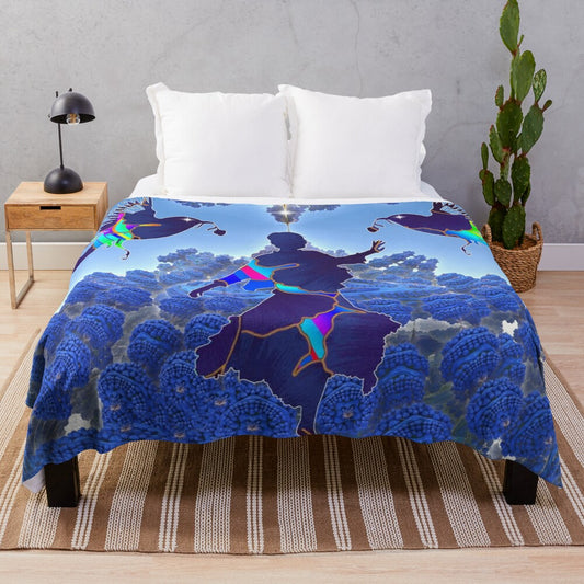 Colorful plush blanket with abstract floral and nature-inspired patterns