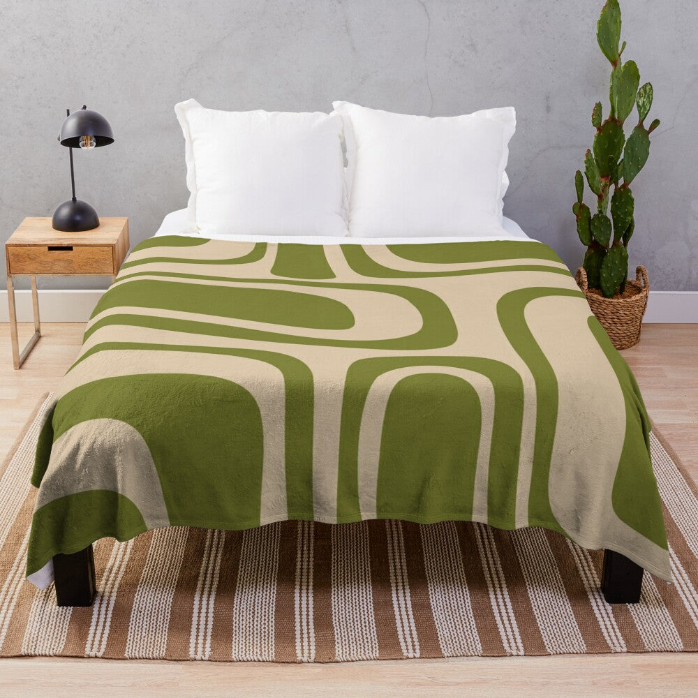 Midcentury modern abstract pattern plush blanket in neutral olive green