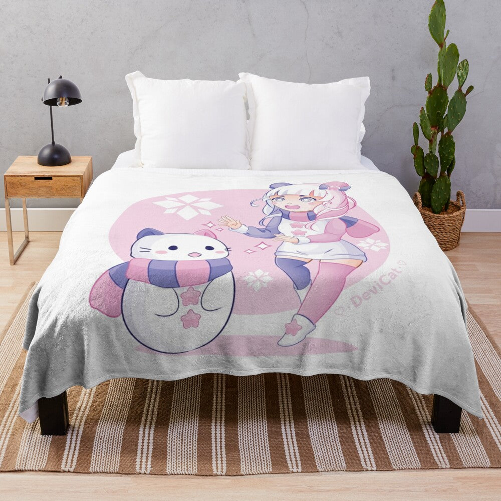 CandiCat Snow Chibi Plush Blanket featuring a cute anime-style cat in a winter scene