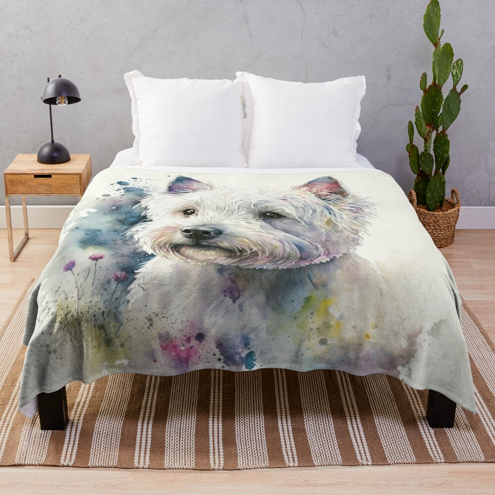 Watercolor west highland white terrier dog on a plush blanket