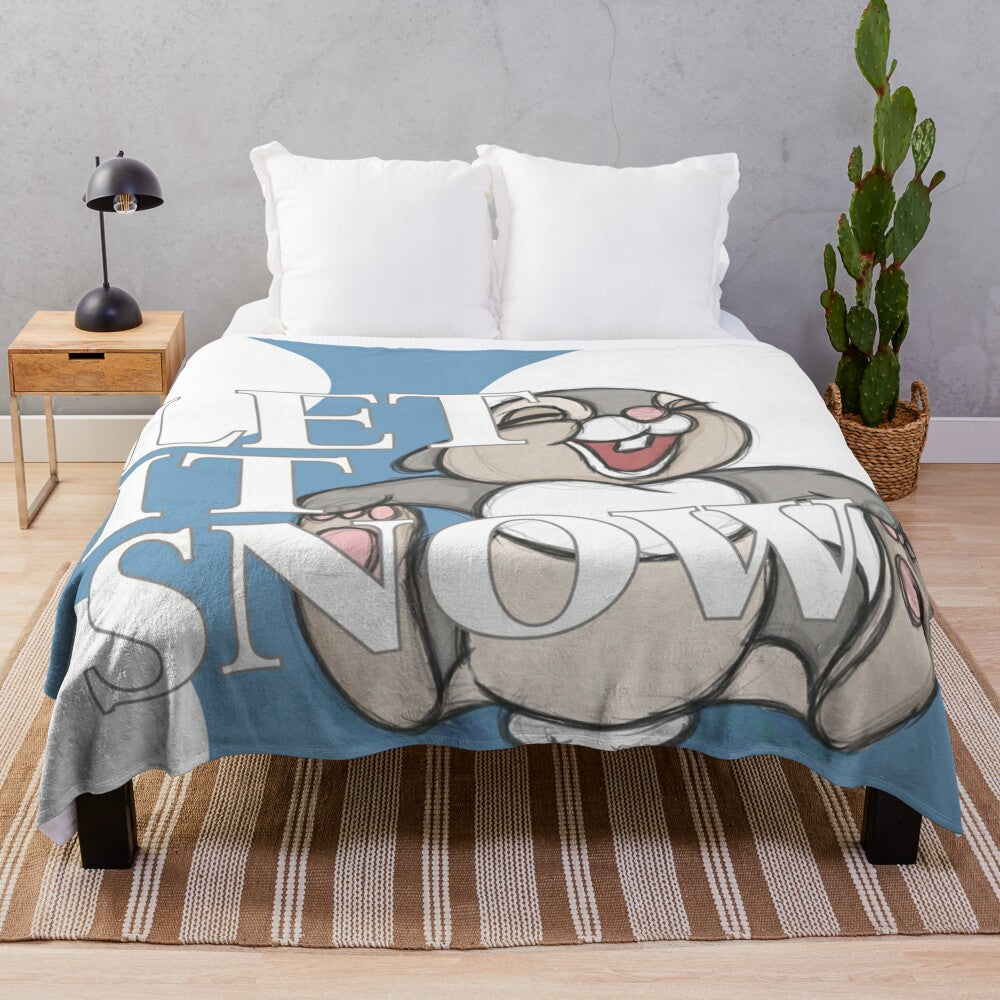 Vintage-style plush blanket featuring a rabbit design in a nature-inspired scene with blue and white dots