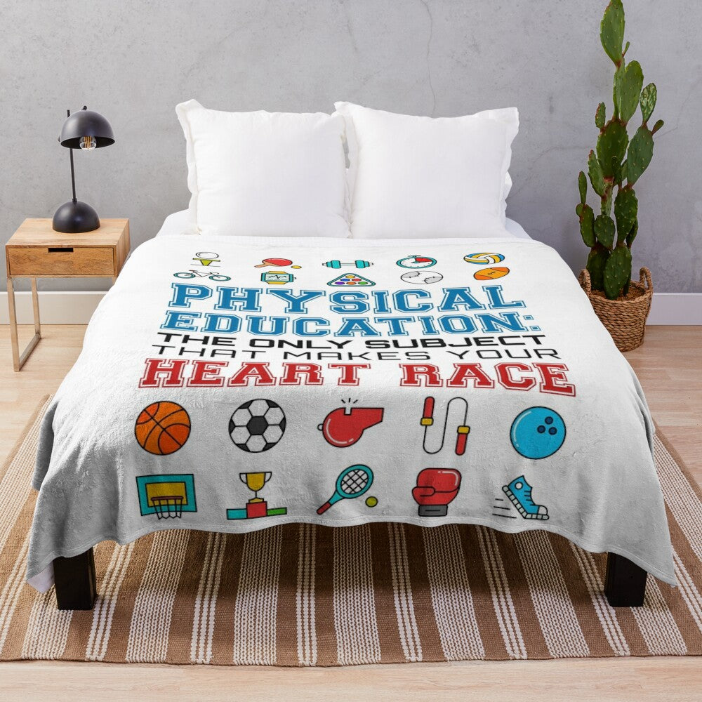 Plush blanket with "PE Teacher Physical Education Makes Your Heart Race" design