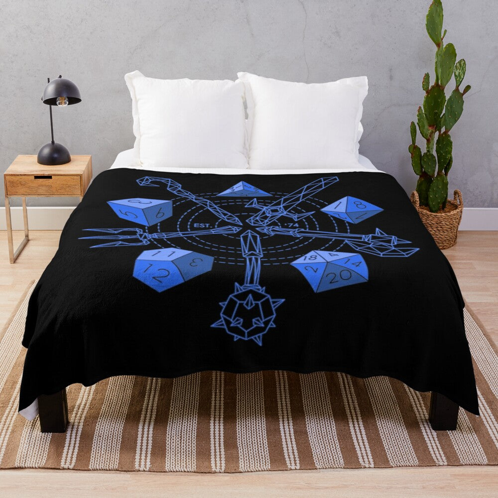 Plush blanket with fantasy and gaming design featuring dice, swords, and dragons