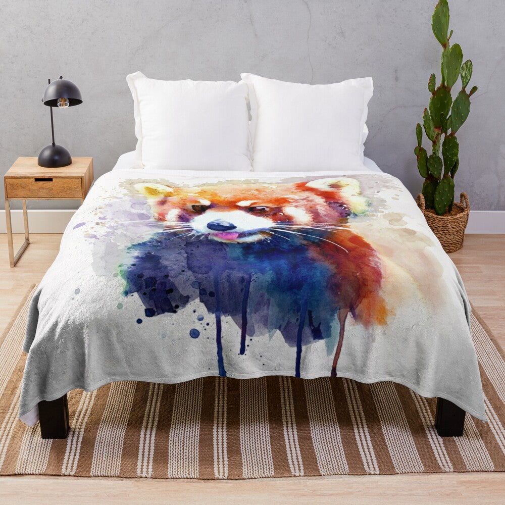 Red panda plush blanket with vibrant watercolor-style painting