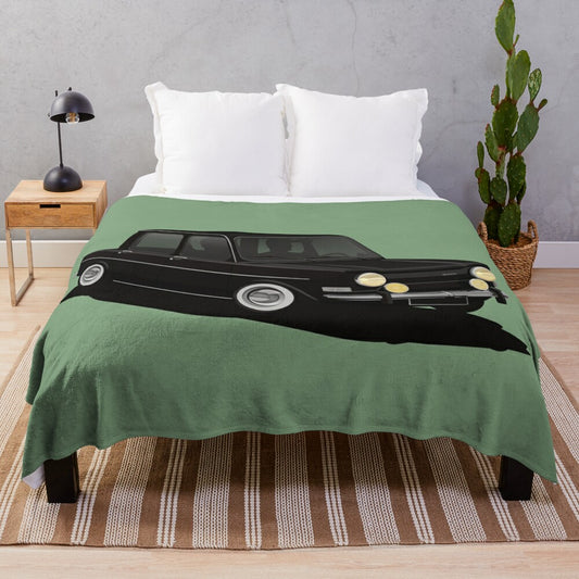 Black plush blanket with classic Simca 1000 car illustration