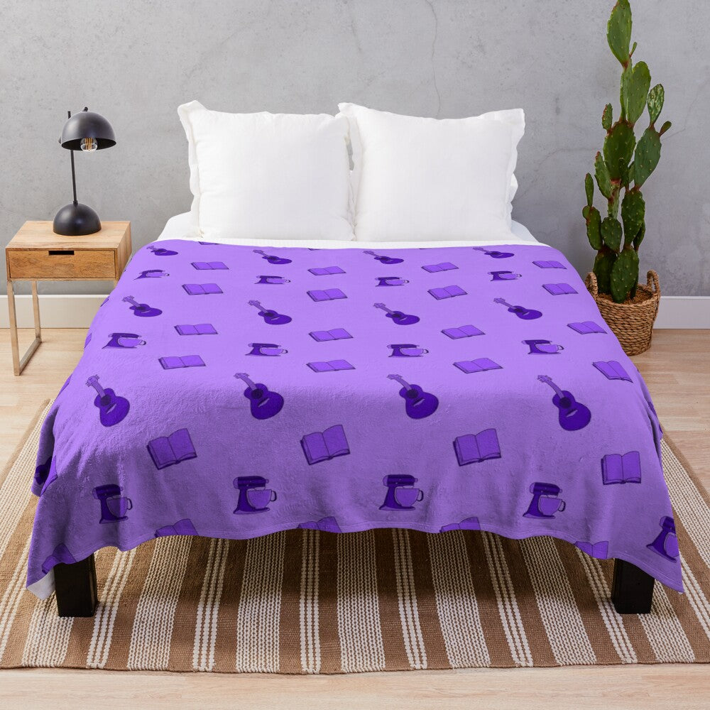 Purple plush blanket with various hobby-related patterns