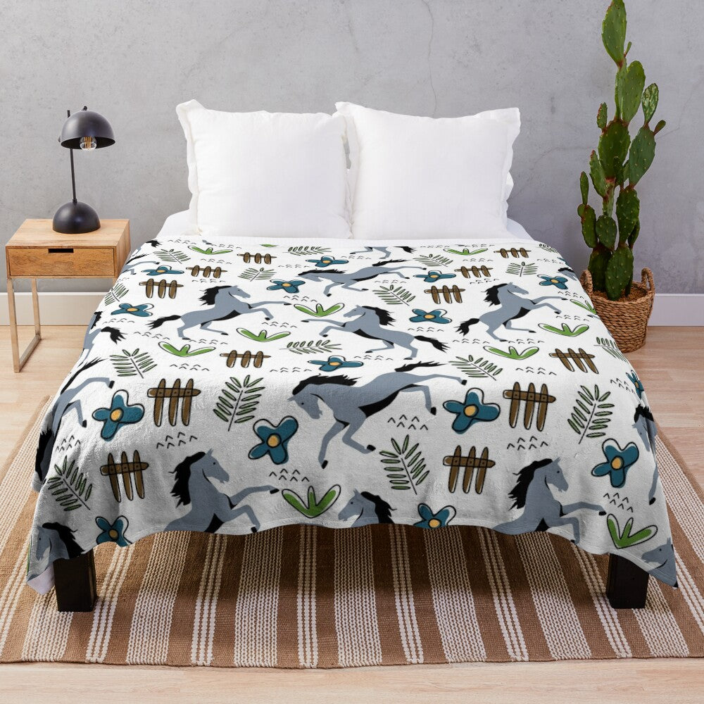 Floral plush blanket with scottish horse pattern