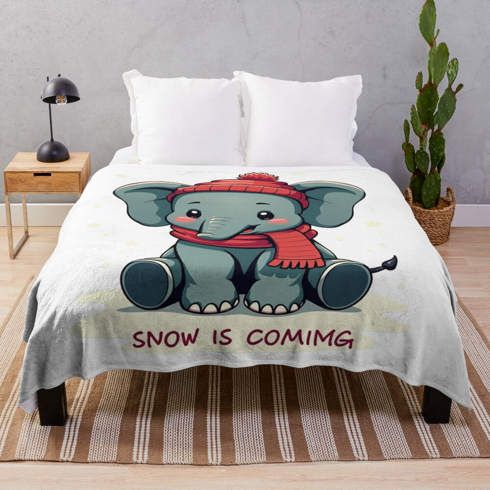 Cute elephant plush blanket with "Snow is Coming" design