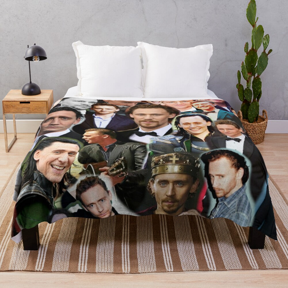 Tom Hiddleston photo collage design on a soft, plush blanket