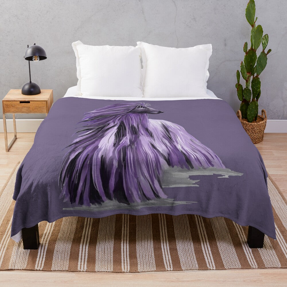 Plush blanket with an Afghan hound in shades of purple