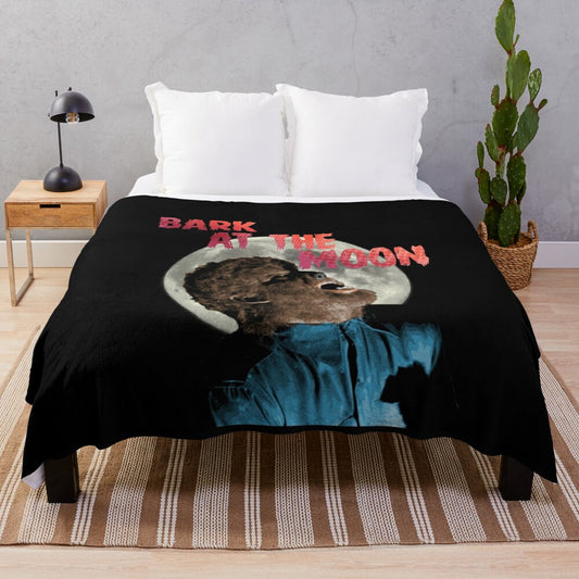 Howling werewolf plush blanket with a dark, retro horror-inspired design featuring a full moon.