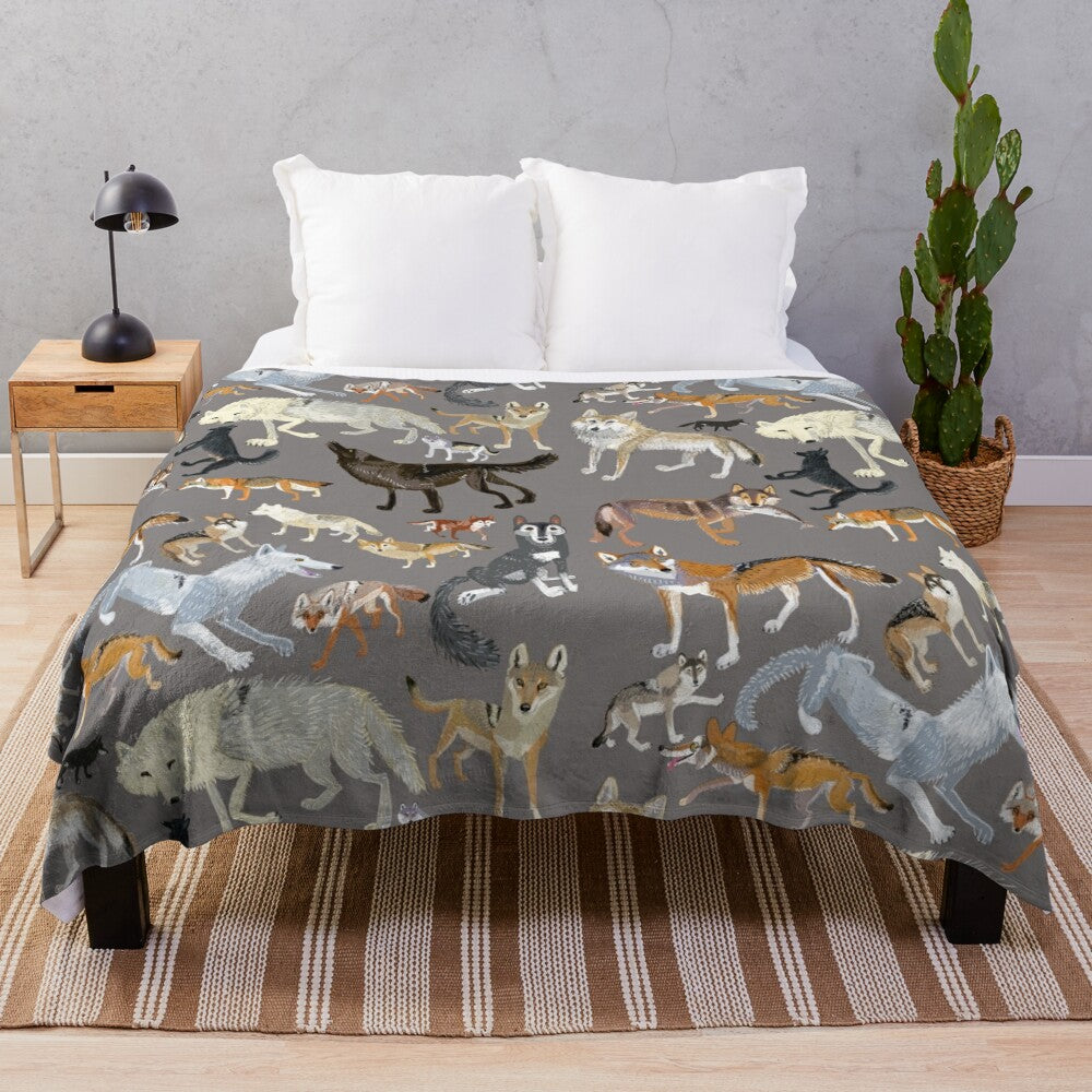 Grey wolf plush blanket with wolf pattern design