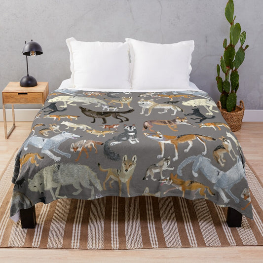 Grey wolf plush blanket with wolf pattern design