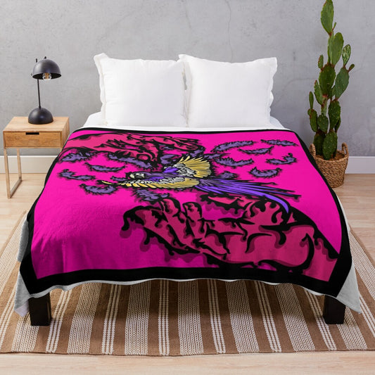 Retro plush blanket with a psychedelic parrot design