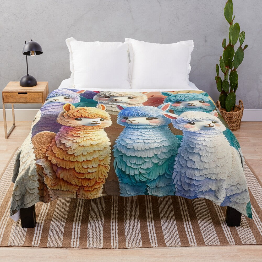 Colorful pastel plush blanket featuring a group of cute baby alpacas in a vintage Peruvian art style