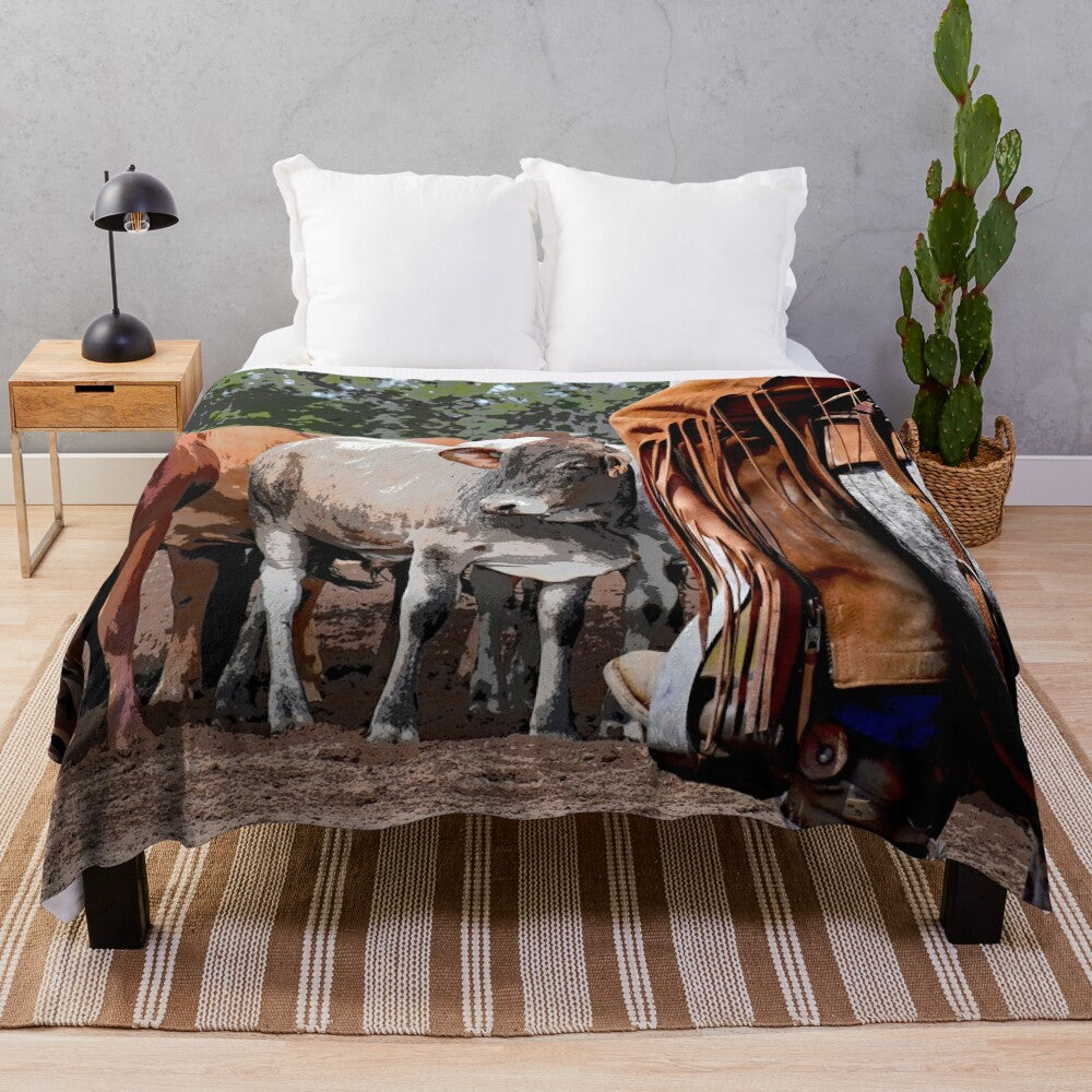 A soft and plush blanket featuring horses and cattle for rustic farmhouse style